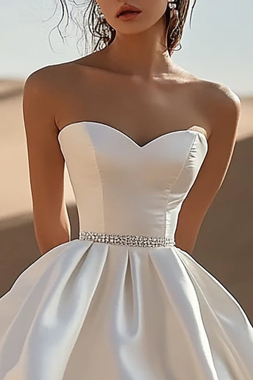 Sweetheart White A Line Satin Graduation Dress with Beading